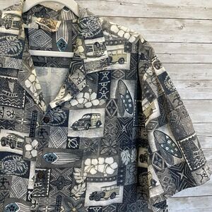 Vtg Winnie Fashion Mens XL Hawaiian Shirt Old Cars Surfboards Floral Wood Button